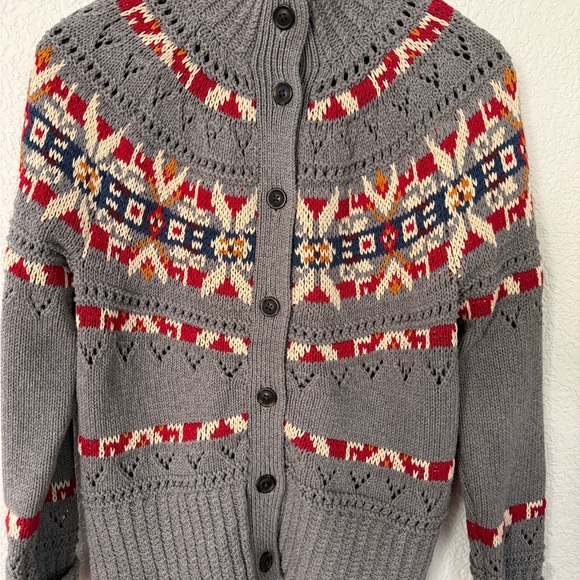 L.L. Bean Signature Gray Fair Isle Cardigan with Red, Navy & Cream Accents - Picture 10 of 10